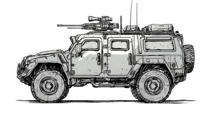 Armored Military Vehicle Sketch with Mounted Gun and Antenna