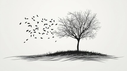 Obraz premium Bare Tree with Floating Leaves and Windy Atmosphere in Background