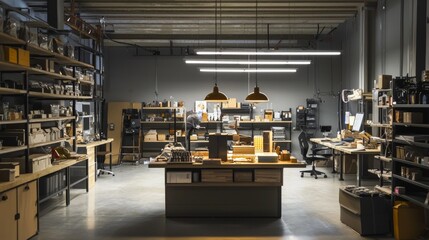 Modern workshop with tools and lighting
