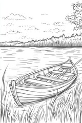 Serene Lakeside Scene with Rowboat - Vintage Line Art . Children coloring page