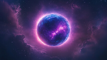 Fototapeta premium Glowing Purple Planet in Deep Space with Cosmic Clouds