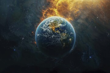 The earth in space, surrounded by the blazing heat of the dying sun, conveys a sense that everything is transient and the inexorability of the universe, AI generated, AI generated