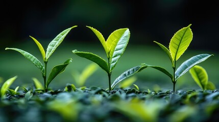 Obraz premium Three vibrant young tea plants growing in a field