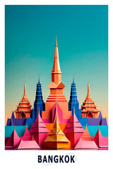 Bangkok, Thailand city poster in origami style. Layered folded paper image with skyline, panorama, landmarks, temples for flyer, postcard, print