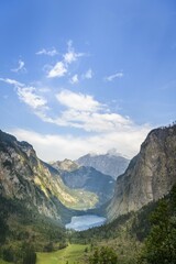 View from the Rothsteig to Lake Obersee, in the back Lake Königssee, Alps, mountain landscape, Berchtesgaden National Park, Berchtesgadener Land, Upper Bavaria, Bavaria, Germany, Europe