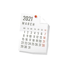 2021 Calendar on white paper, March. Editable vector over white background