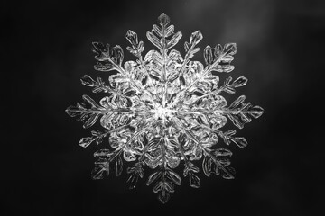 A snowflake is shown in a black and white photo