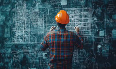 Engineer Analyzing Technical Drawings on Chalkboard