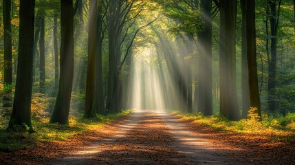 Fototapeta premium Sunlit Path Through Majestic Forest Trees
