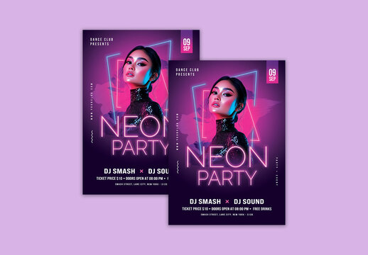 Neon Party, Editable Flyer or Poster Design for Club, Disco and Upcoming Night Parties.