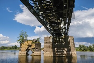 New and old bridge across the river Oder, destroyed in WW2, near Bienenwerder, Brandenburg,...