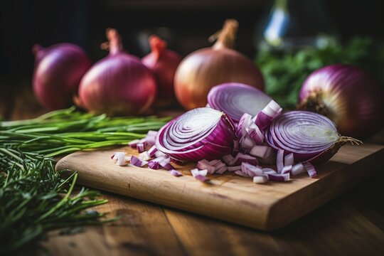 Red onions being chopped on cutting board. KI generiert, generiert, AI generated