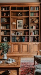Cozy and Elegant Home Library with Wooden Shelves and Books