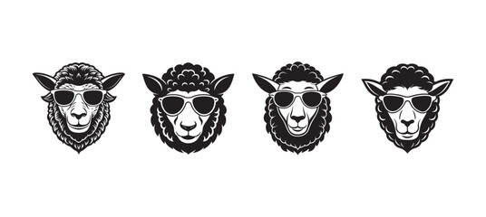 set of sheep head wearing  sunglasses silhouette, black and white silhouette, vector and illustration