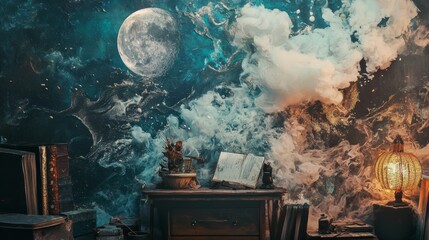 Mystical fantasy scene with moon, clouds, and glowing lanterns