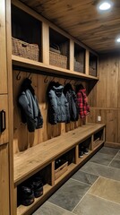 Cozy Modern Mudroom with Wooden Details and Organized Storage Space