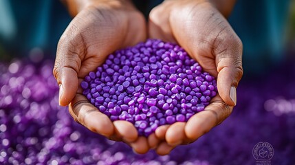 Close-up of hands holding purple biodegradable plastic pellets, symbolizing eco-friendly innovation and sustainable, colorful material alternatives.