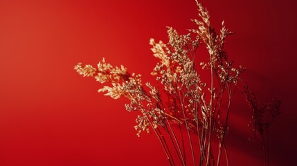 Dry branches against a vibrant red background