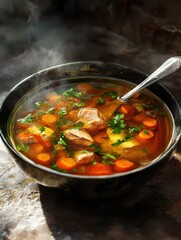 Transparent chicken broth with boiled meat. Low fat clear soup with carrot, parsley and spices. Hot dish, cutlery, stone concrete background, close up
