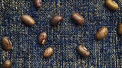 Smooth Brown Beans on Textured Blue Fabric Background