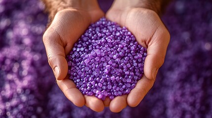 Close-up of purple biodegradable plastic pellets in hands, representing environmentally responsible materials for sustainable living and eco-conscious choices.