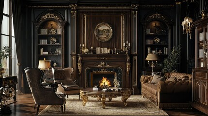 Obraz premium Elegant Classical Living Room with Rich Decor and Fireplaces
