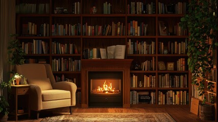 Cozy Reading Nook with Bookshelf and Fireplace in Warm Ambiance