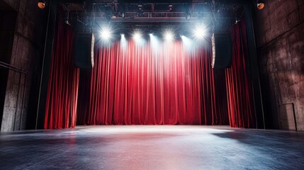 Empty theater stage with red curtains and spotlight