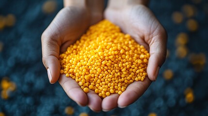Close-up of yellow biodegradable plastic pellets in hands, emphasizing environmental responsibility and eco-conscious material innovation.