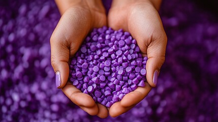 Hands cradling purple biodegradable plastic pellets, showcasing vibrant, eco-friendly solutions for a sustainable and greener future.