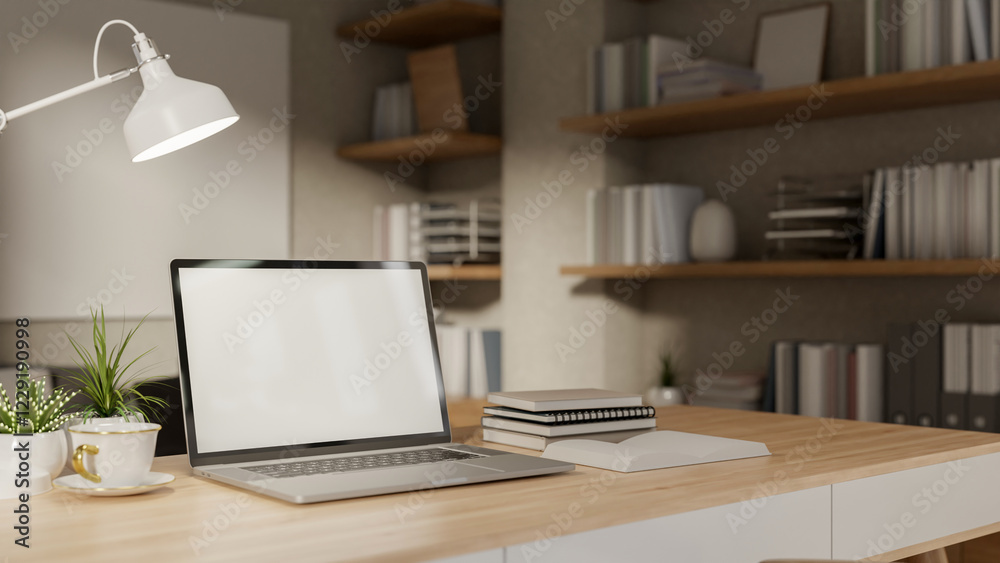 Canvas Prints a close-up of a laptop arranged on a wooden table in a minimalist room featuring a large bookshelf.