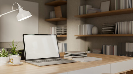 A close-up of a laptop arranged on a wooden table in a minimalist room featuring a large bookshelf.