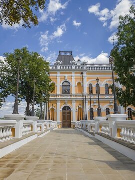 The Manuc Bei mansion, an architectural, culture and historic complex with museum, winery and other edifices located in Hincesti city, Moldova. Manuc Bey palace facade and yard in a sunny summer day
