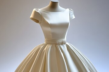 Elegant White Satin Wedding Dress with Off-Shoulder Sleeves, Full Skirt, and Delicate Beading Perfect for Bridal Fashion Showcases and Design Inspiration