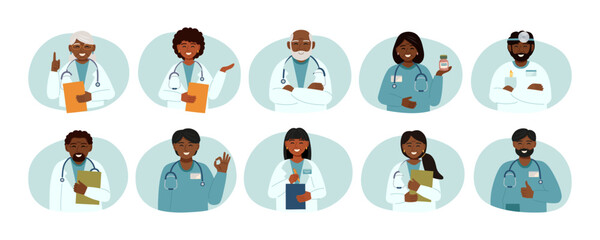 Set of doctors avatars. Concept of medicine, healthcare, clinic, team, medical staff. Vector hand drawn cliparts.