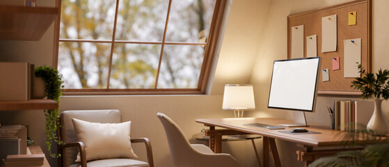 A computer and decorative items on a hardwood desk in a warm, cozy room, illuminated by a lamp.