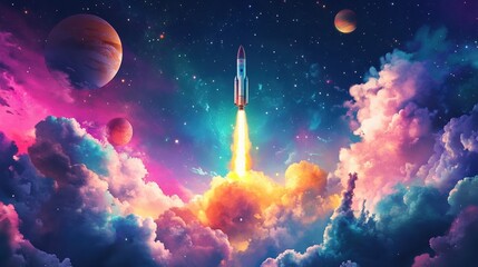 A colorful space scene with a rocket launching into the sky. The rocket is surrounded by a cloud of smoke and the sky is filled with stars and planets. Scene is one of excitement and wonder