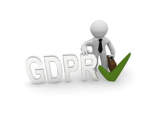 Small business character with the letters GDPR, General Data Protection Regulation, 3d concept rendering