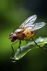 Obraz premium Close up of a fruit fly set against a blurred green foliage, AI generated