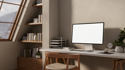 A contemporary Scandinavian apartment features a computer placed on a desk by the wall.