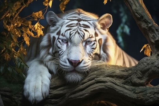 Portrait, white tiger on a branch, AI generated