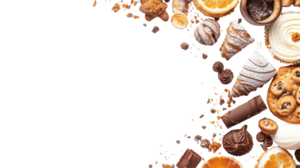 Variety of desserts and sweets arranged artistically on a white background