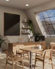A minimalist wooden table with chairs in a contemporary, cozy coffee shop, welcoming atmosphere.