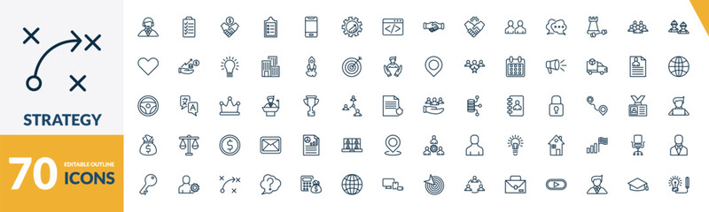 outline strategy icons set. editable linear planning, deal, list, and other 67 icons in this category isolated on transparent background.