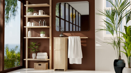 A modern, brown bathroom features a mirror mounted on a brown wall, a wooden shelf, and decor.