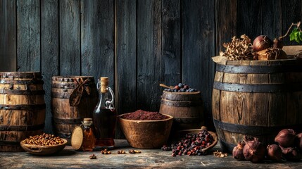 Fototapeta premium Rustic barrels and baskets filled with natural produce