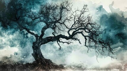 Abstract Artistic Representation of a Tree Against Colorful Background