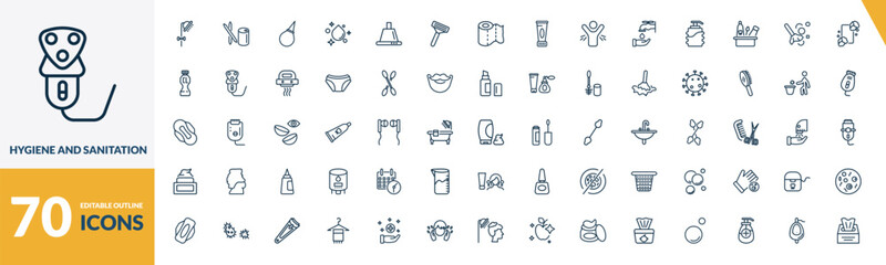 outline hygiene and sanitation icons set. editable linear toothpick, l aspirator, purity, and other 67 icons in this category isolated on transparent background.