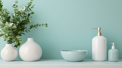 Fototapeta premium Simple and clean bathroom decor with white vases
