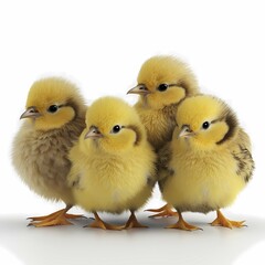 Naklejka premium Hens and chicks (Gallus gallus domesticus) with egg and eggshell, white background, AI generated